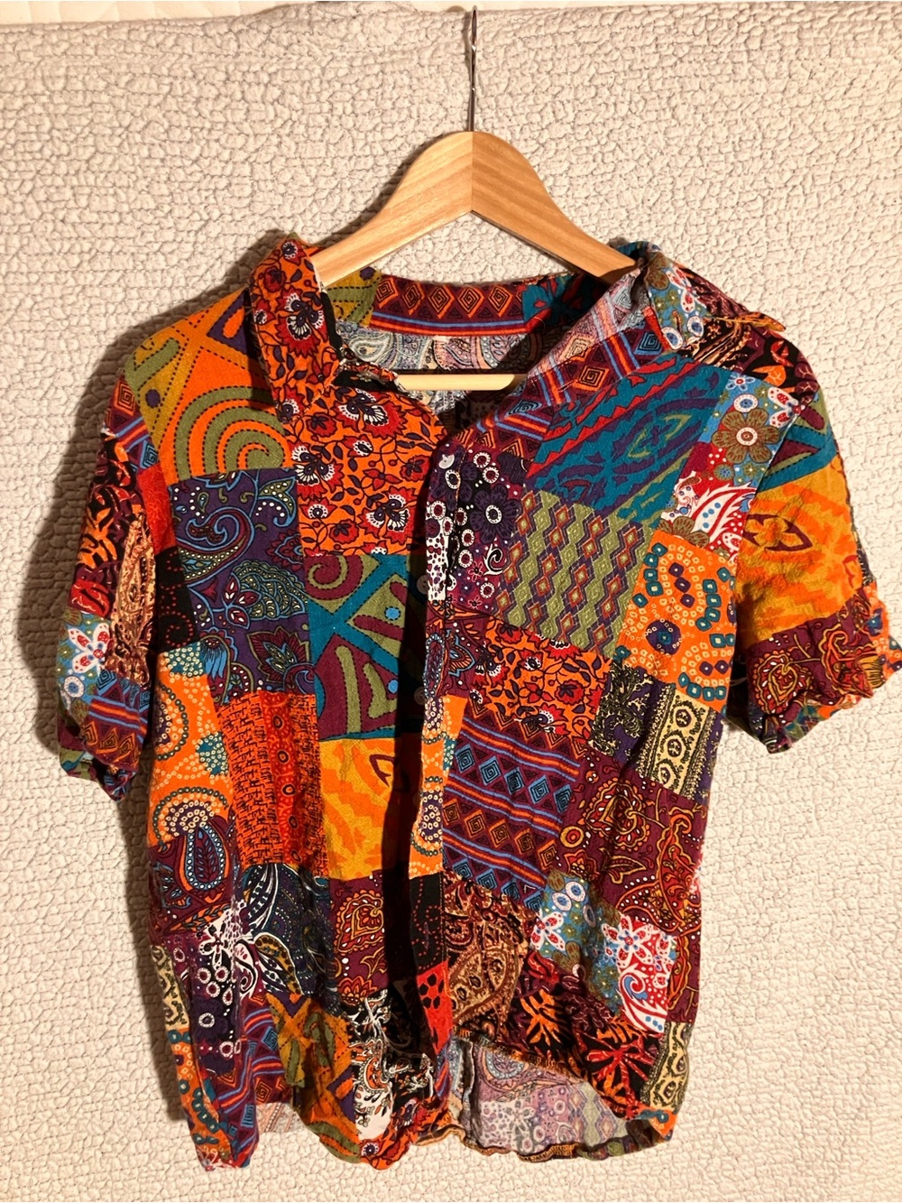 Patchwork Short-Sleeve Button-Down Shirt - Multicolor